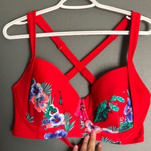 Red and floral bathing suit top